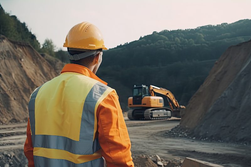 worker from behind dressed in work clothes observing some excavators on the construction site.